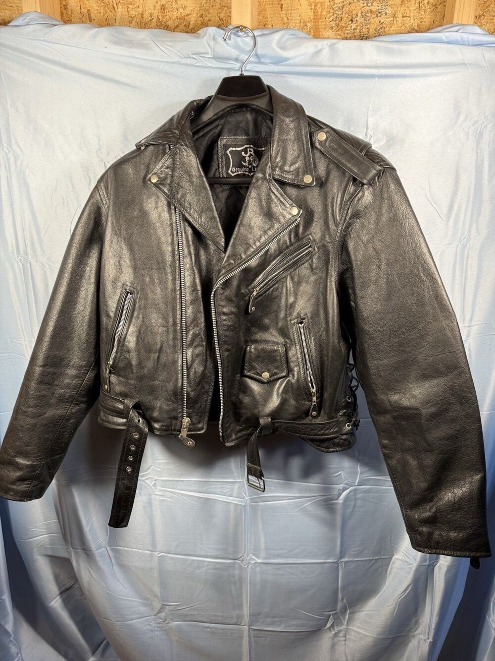 JR Genuine Leather Mens 48 Black Motorcycle Biker Jacket Belted Side Lace Heavy